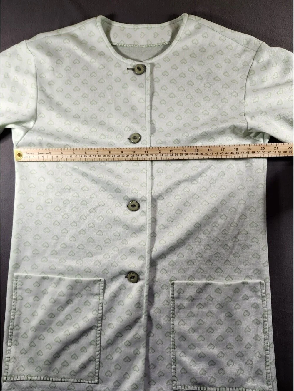 Women’s L Handmade 2pc Pajama Set Green/White Hearts Button-Front And 4 Pockets